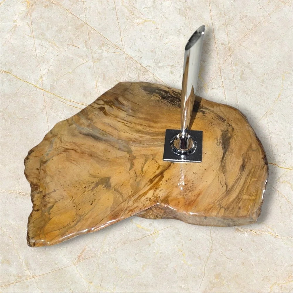 Vintage Desk Fountain Chrome Pen Holder with Polished Stone Base‎ Stand Office